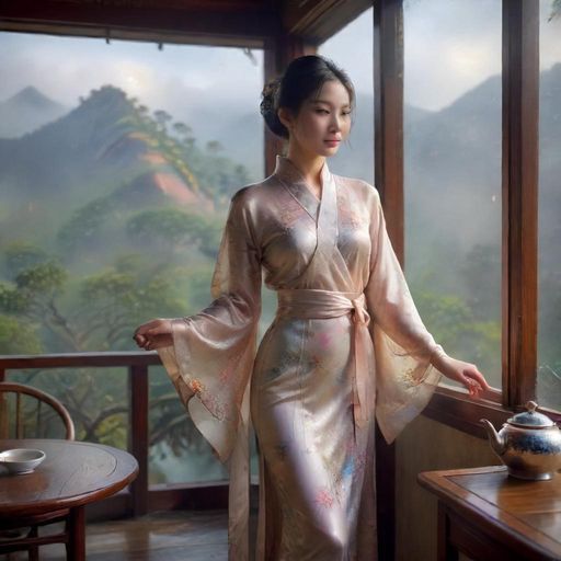 雨后南山茶馆窗外风景图