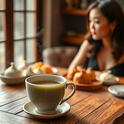 一杯热气腾腾的嫩茶与点心