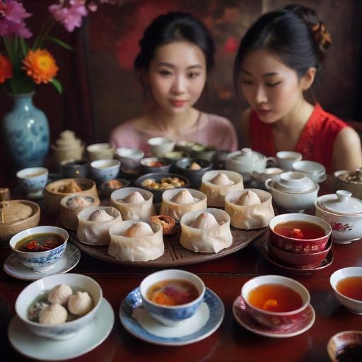 一张餐桌上摆放着精致的广式点心和一壶刚泡好的茶