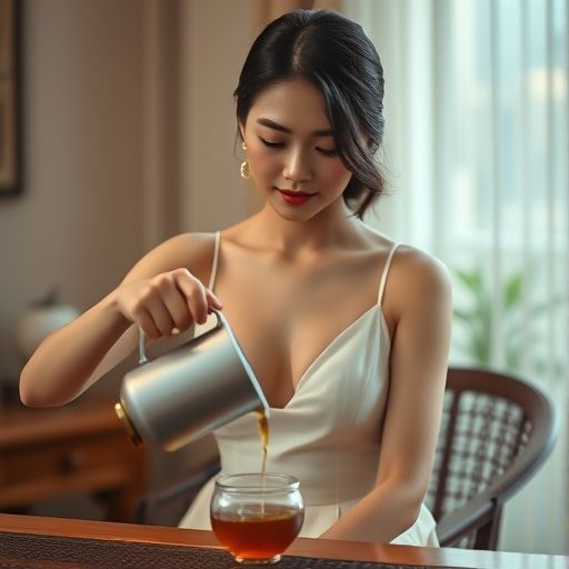 茶汤缓缓流入杯中的优雅瞬间