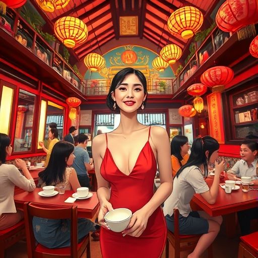 茶室活动现场热闹的卡通画面
