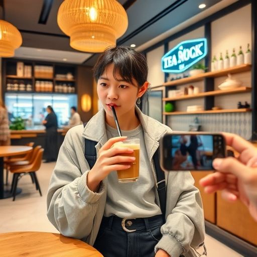 年轻人品尝新茶饮品