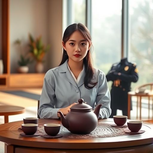 年轻女性拍摄茶台