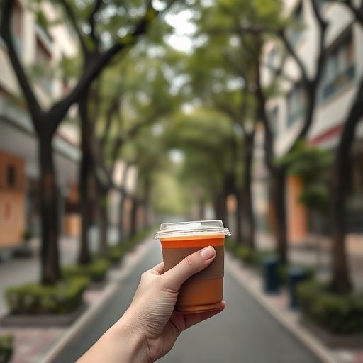 手持外带茶杯漫步深圳街头