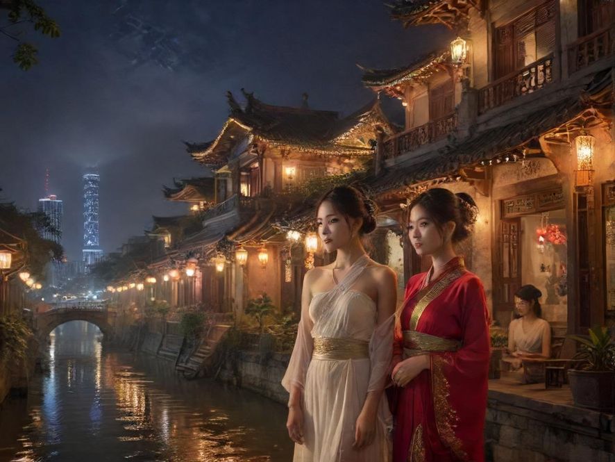 佛山古建筑在夜幕下灯火璀璨，展现出独特的韵味与历史感