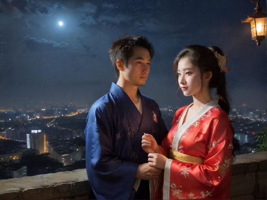 一位时尚男士在夜晚城市灯光背景下专注地阅读手机，充满赛博朋克风格的氛围