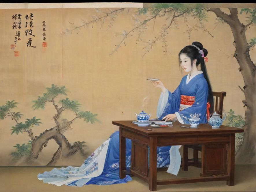 俯视视角下，一人在现代中式茶室中享受身心放松的茶道体验，营造出静谧温馨的氛围