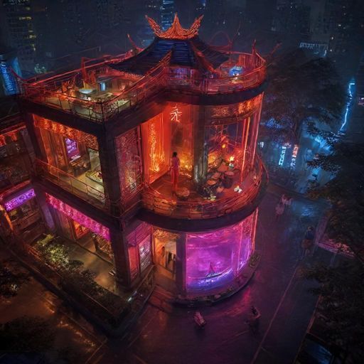 广州夜景下的高端茶社，霓虹灯勾勒出迷人氛围