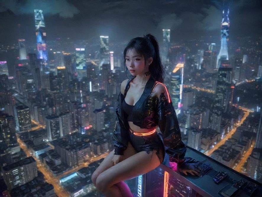 繁华都市夜景，霓虹闪烁，远处高楼林立，充满神秘与探索的诱惑