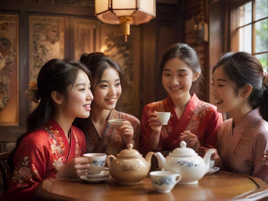 一群年轻人开心地聊天喝茶