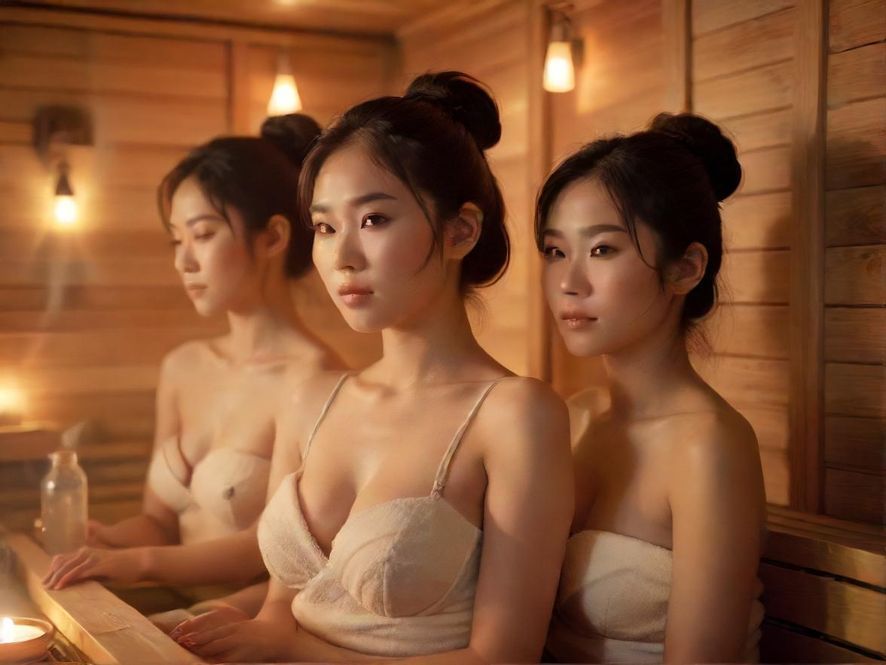 一间装修豪华、光线柔和的桑拿房内部，蒸汽弥漫，营造出极致的放松氛围。