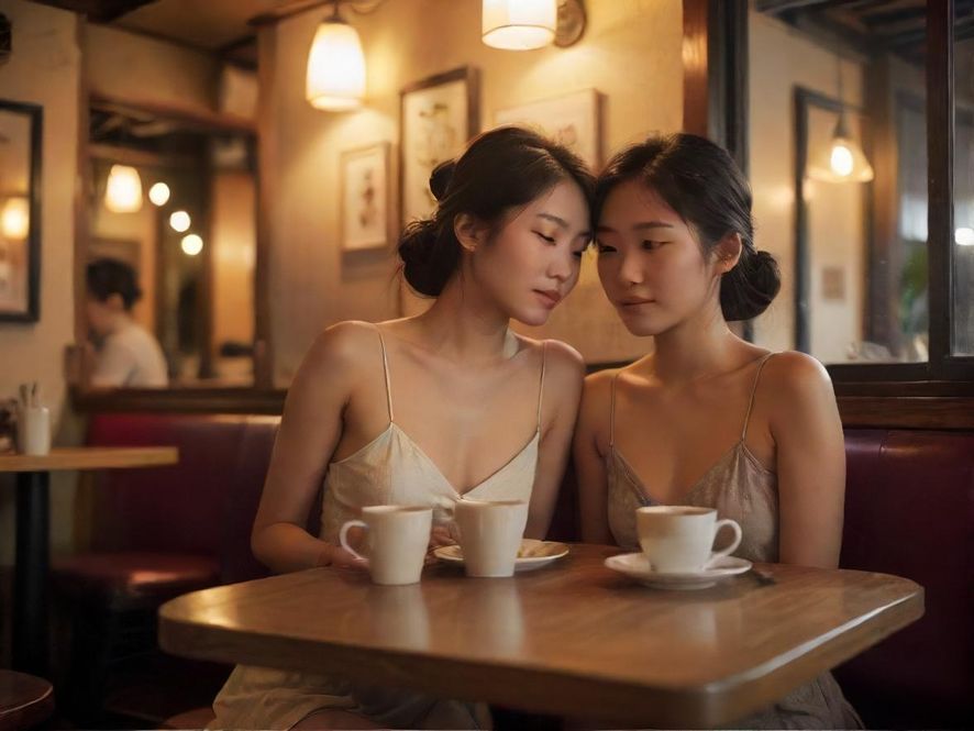 楼凤熟女与朋友在咖啡馆温馨交谈的场景