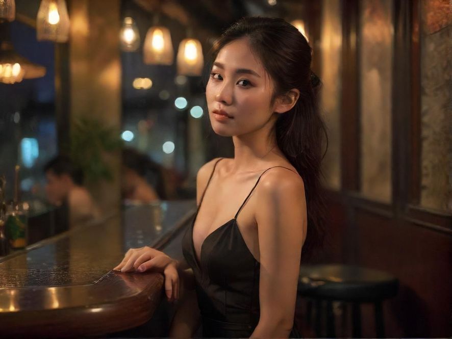 广州夜景美女在高档酒吧的唯美侧影