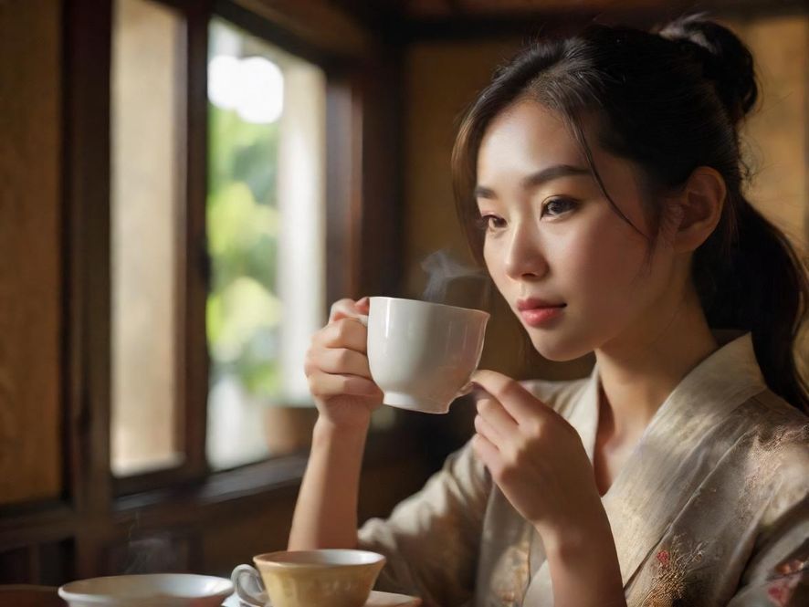 在一家装饰考究的私人会所里，一位优雅的女子正静静地品茗，光影交错，营造出一种奢华而宁静的氛围。