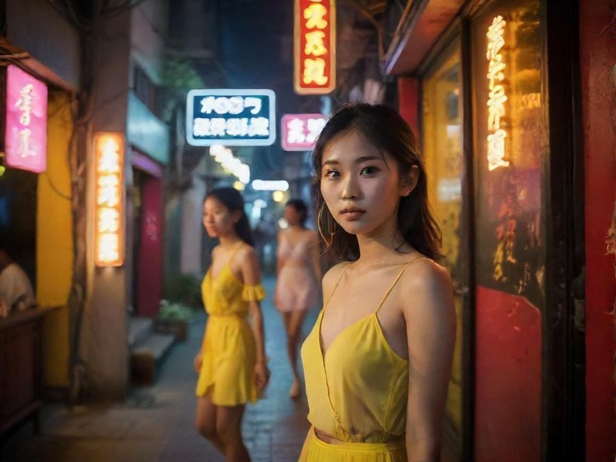 广州夜晚，一家休闲会所的入口，霓虹灯招牌在夜色中闪烁，吸引着渴望放松身心的都市人。