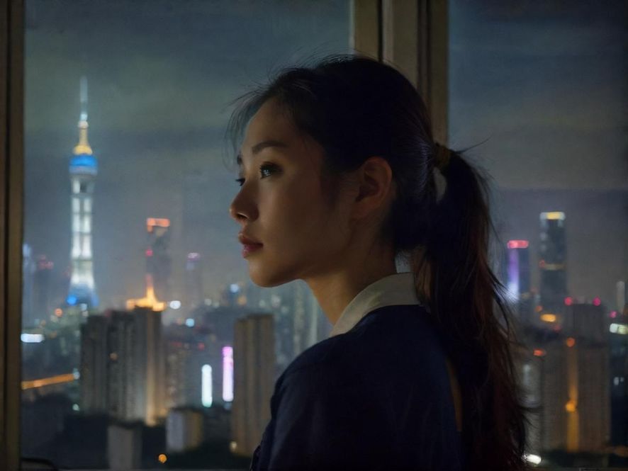 一位疲惫的都市白领在深圳夜晚的办公室窗边，若有所思地望向窗外霓虹闪烁的城市