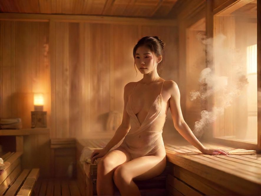 蒲神会所内的桑拿房，热气腾腾，光线柔和，营造出极致放松的氛围。