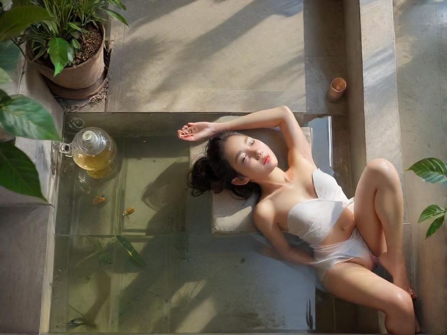 一位女士在充满禅意的茶室中，闭目养神，享受片刻的宁静，阳光透过窗户洒在她身上，营造出温馨舒适的氛围。