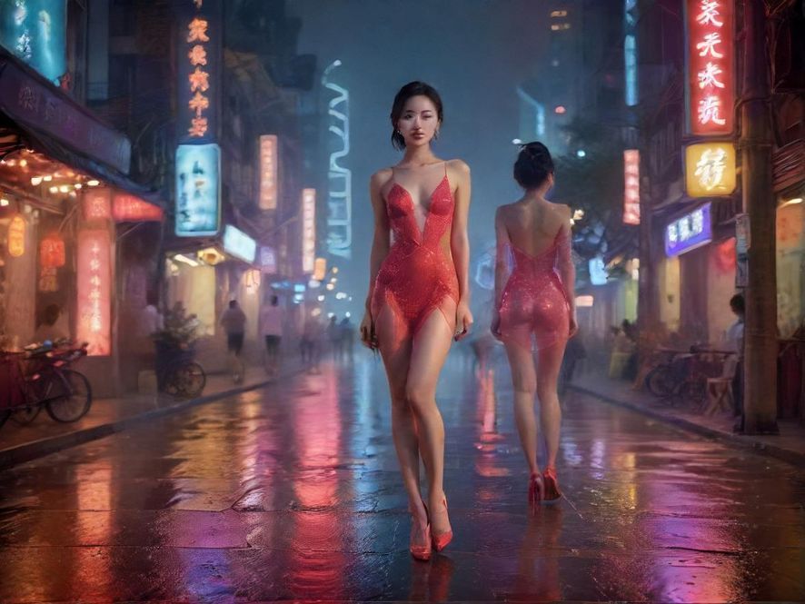 广州夜晚街头，休闲场所的霓虹灯光