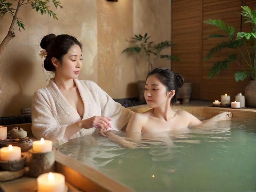 广州一家高端SPA会所的内部场景，暖色灯光下，宽敞舒适的休息区与私密护理空间，营造出极致放松的氛围。