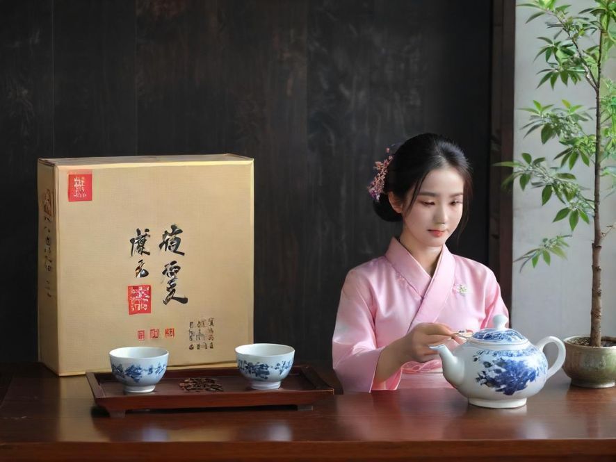 一位气质优雅的女子在光影斑驳的传统中式茶室中,侧身轻嗅茶香,神情宁静而专注。