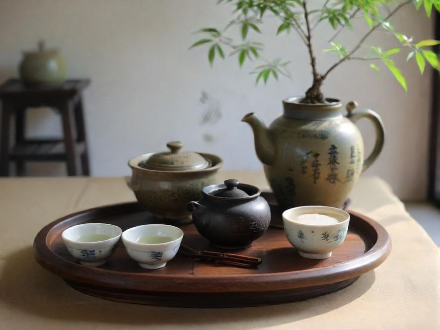 广州茶艺师在古典茶室中侧面特写,展现传统写实风格的茶道美学。