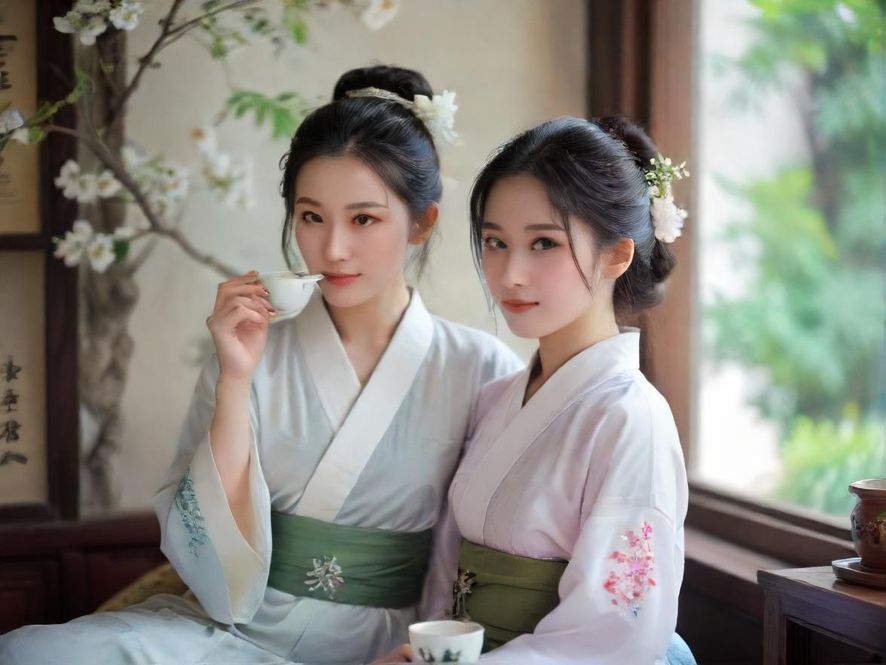 一位年轻女性在雅致的私人空间中,轻柔地端起茶杯品茶的特写镜头,面部表情平静而享受,光线唯美。